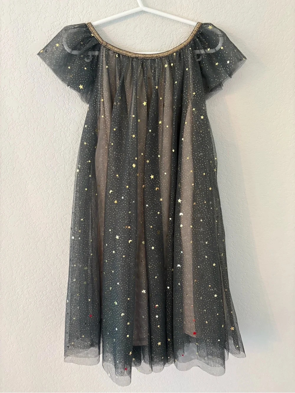 Zunie GIrls Tulle Gold Stars and Moon Glitter Sparkle Dress Ruffle Sleeve Party